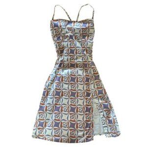 ABSTRACT PRINT SATIN CIDER MIDI DRESS ADJUSTABLE STRAPS AND THIGH SLIT IN XS